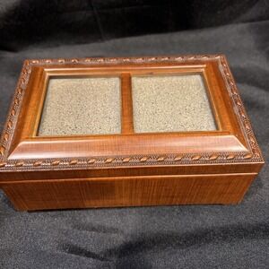 Wooden Music Musical Jewelry Box Glass Picture frame  Hinged Lid Sankyo Movement